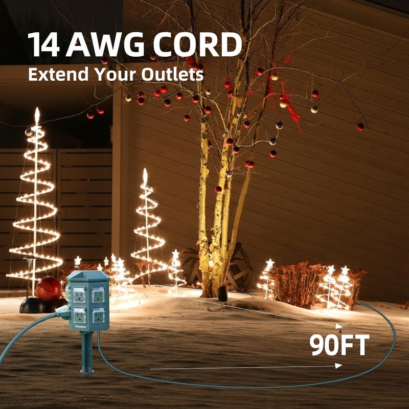 Flexoria Outdoor Power Stake Timer, Remote Control Dusk to Dawn Light Timer, 90FT Extension Cord Waterproof, 6 Grounded Outlets for Outdoor Christmas Decorations, ETL Listed - Image 2